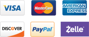 Visa, MasterCard, American Express, Discover, PayPal, Zelle