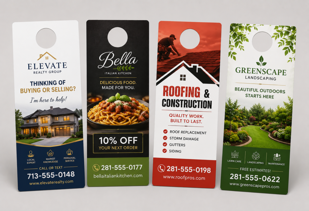 Custom door hangers for landscaping, restaurants, roofing and real estate marketing. Printed by Printng4U in Katy, Texas