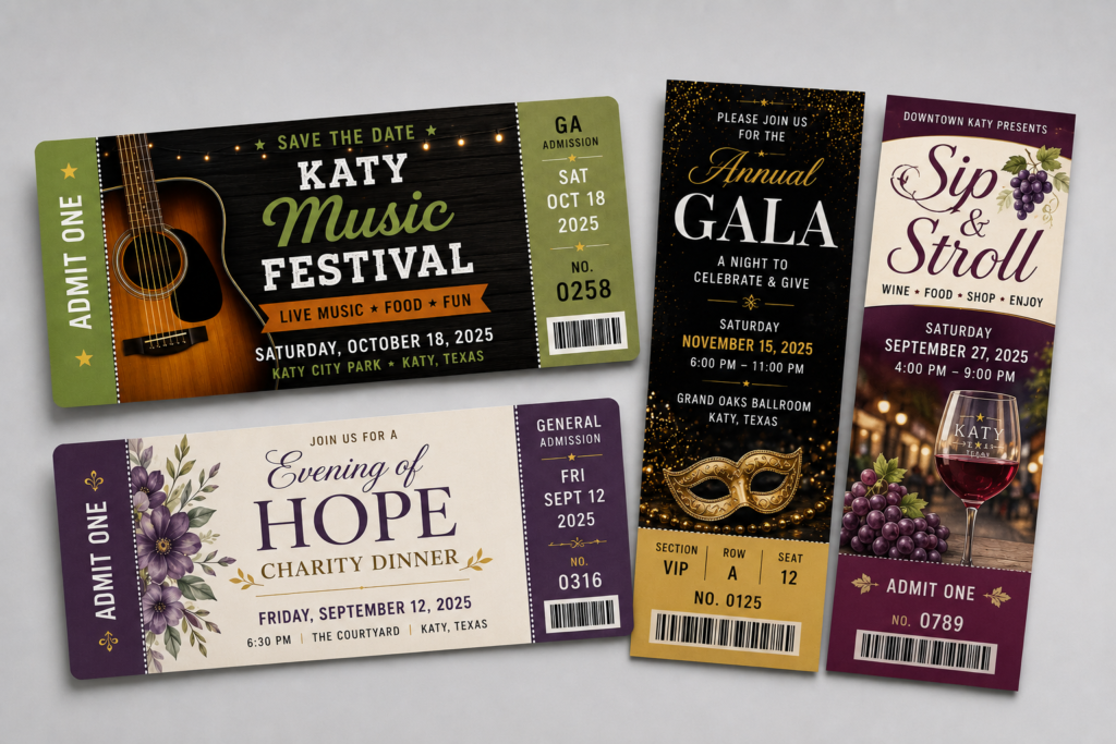 Custom event tickets for concerts, festivals, galas, charity events and Sip & Stroll events printed by Printing4U in Katy, Texas