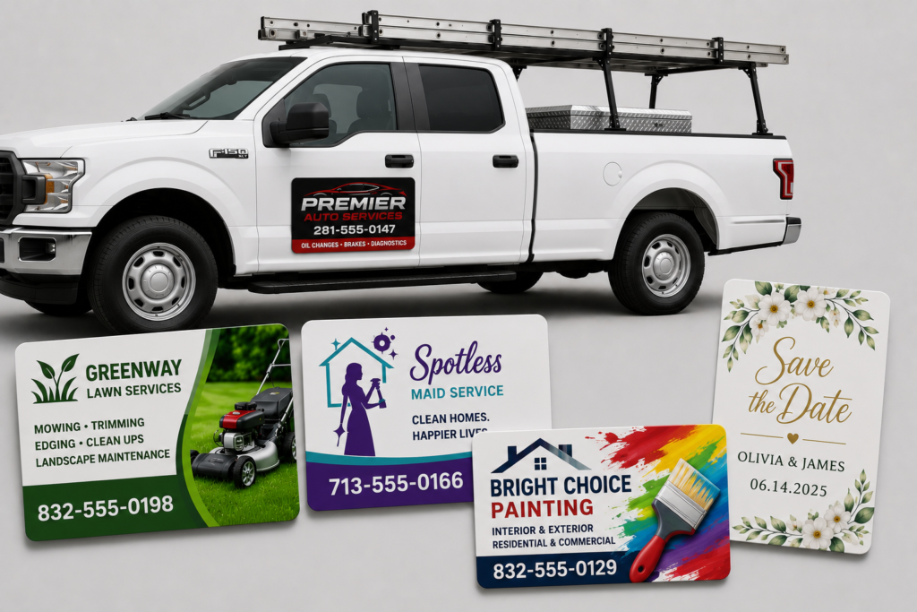 Custom car magnets, business card magnets and save the date magnet printed by Printing4U in Katy, Texas