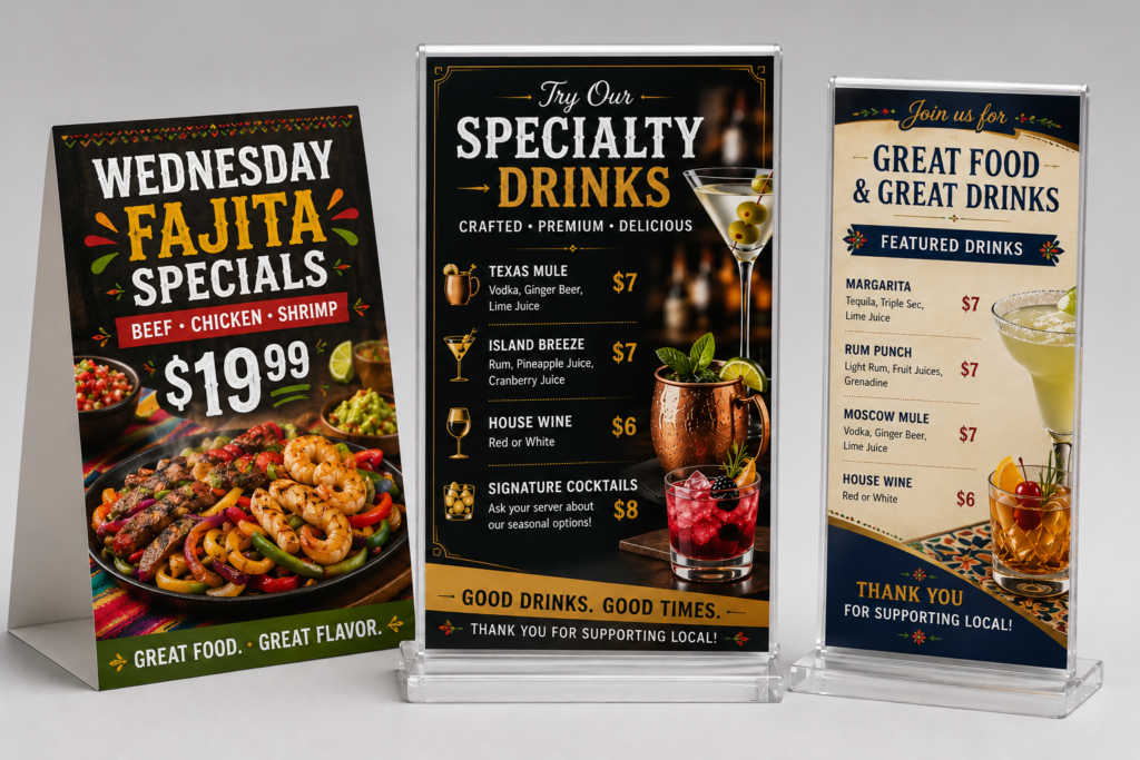 Custom table tents and acrylic tabletop displays for restaurants, bars and cafes printed by Printing4U in Katy, Texas.