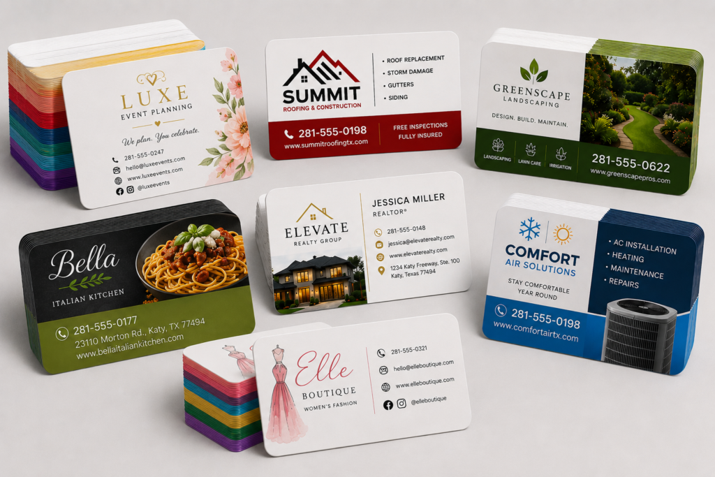 Custom business cards including painted edge, rounded corners and premium business card printing in Katy, Texas