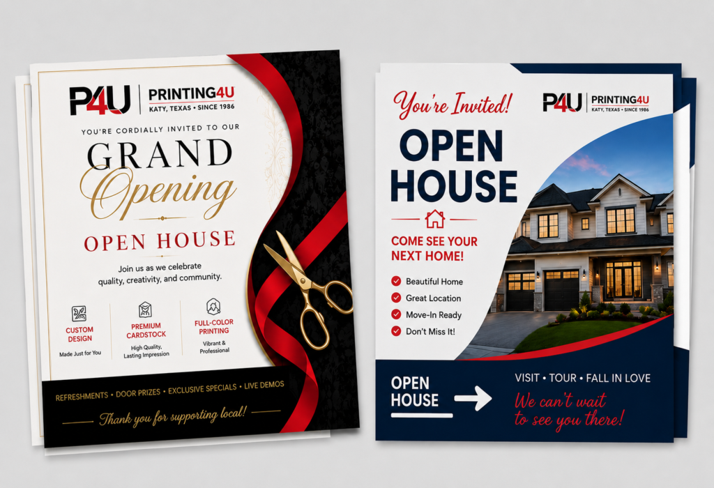 Professional open house invitation printing for real estate, grand openings and special events by Printing4U in Katy, Texas
