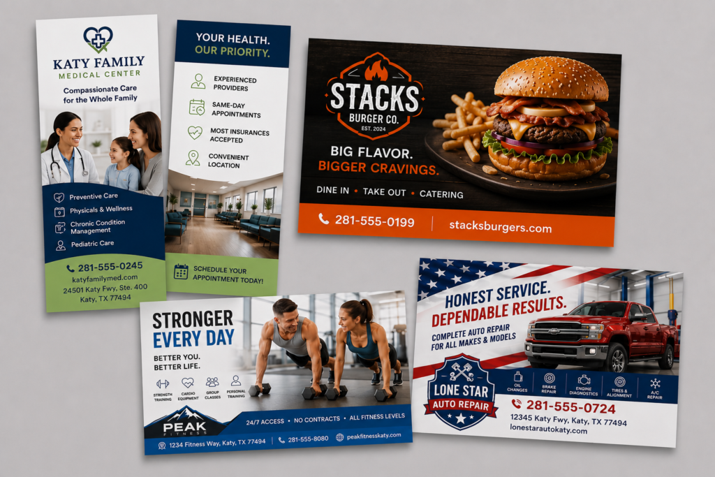 Custom postcards and rack cards for restaurants, medical offices, fitness center, automotive shops and business marketing.